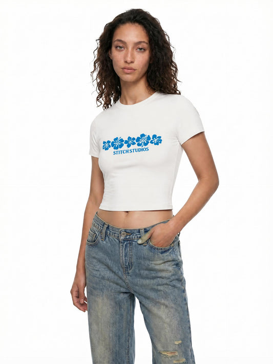 Women's Crewneck Crop T-Shirt Blue Flowers